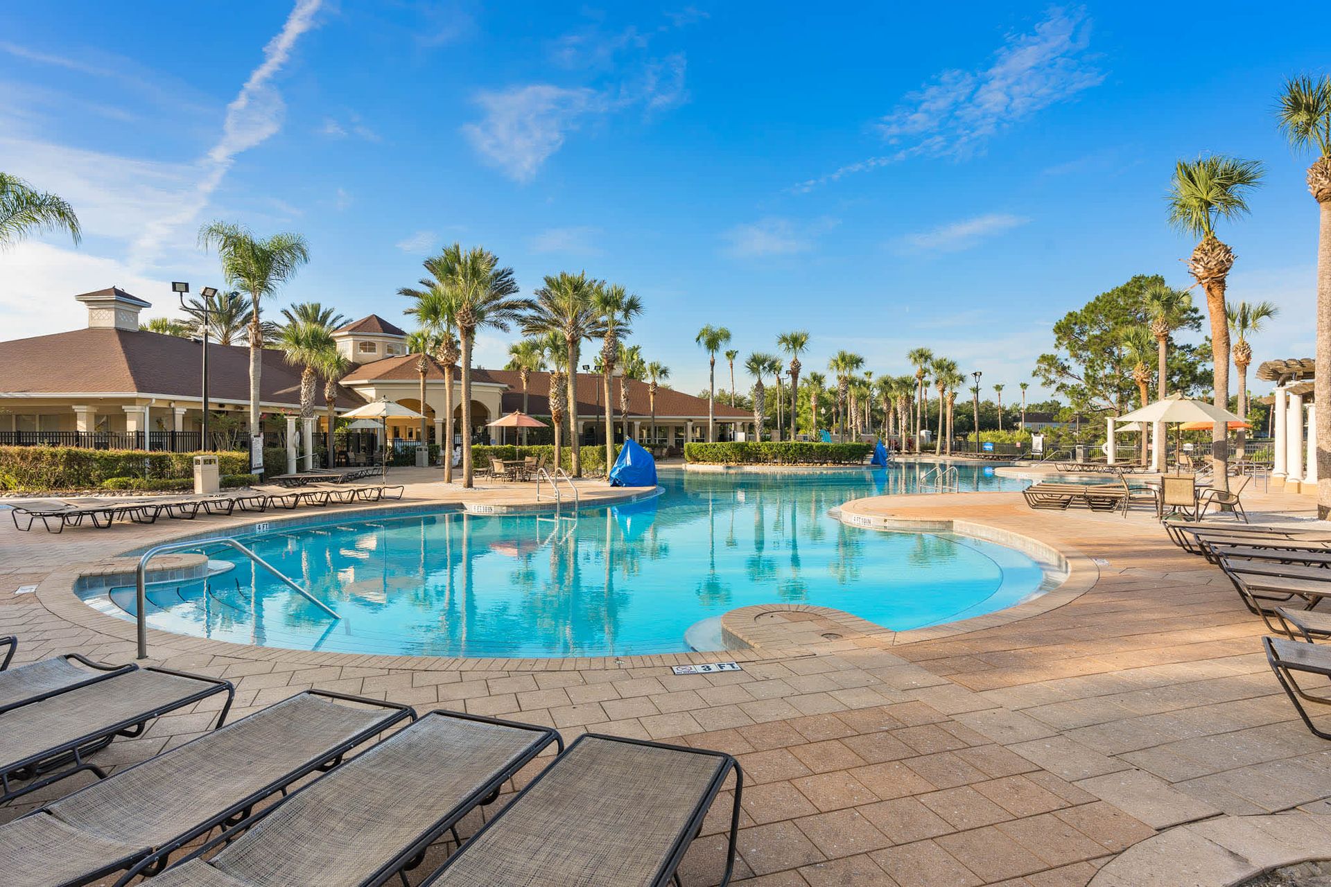 Sparkling resort pool surrounded by palm trees and comfortable loungers.