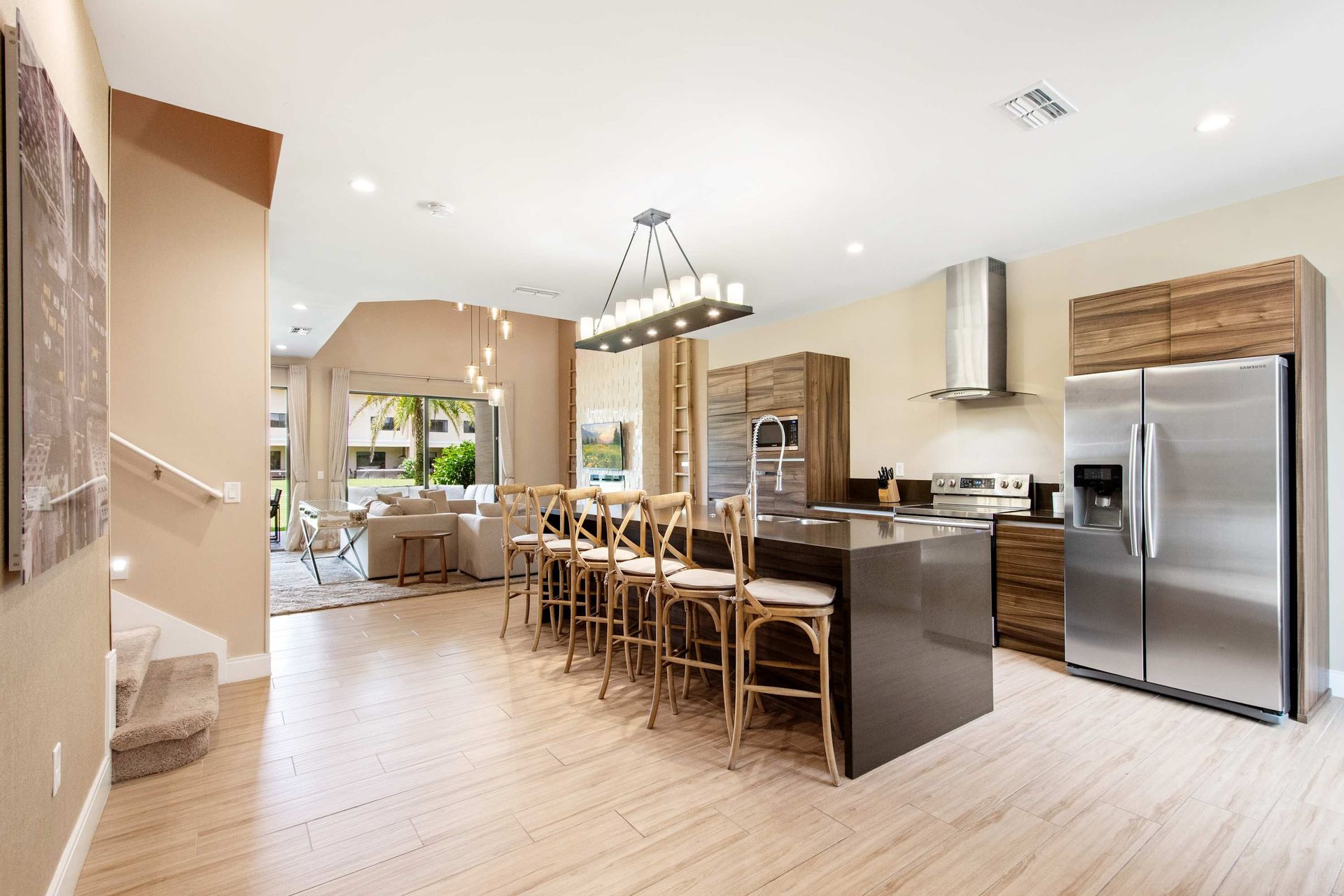 Gourmet kitchen and oversized island seating for eight.