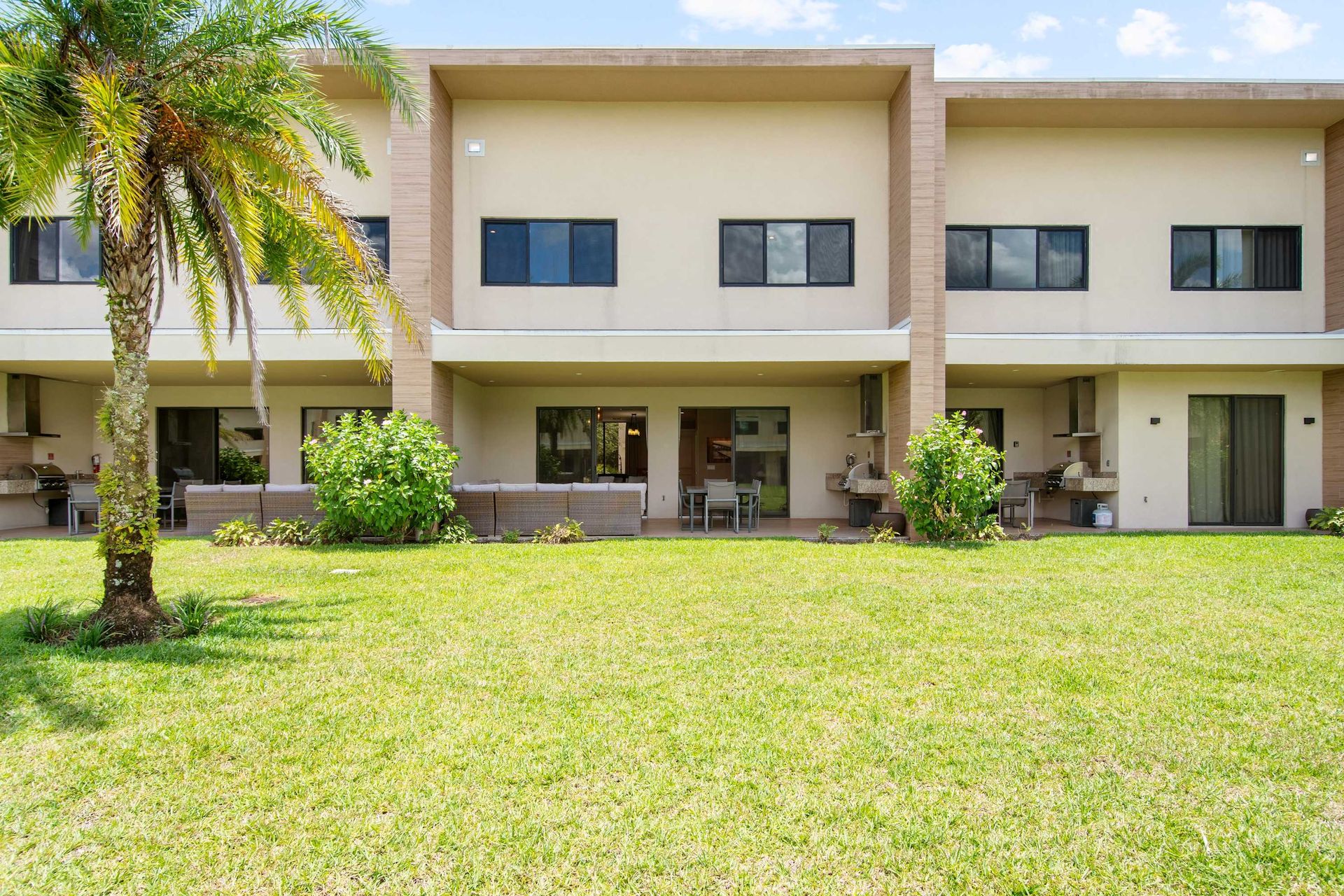 Private patios and a shared lawn with a beautiful palm tree.