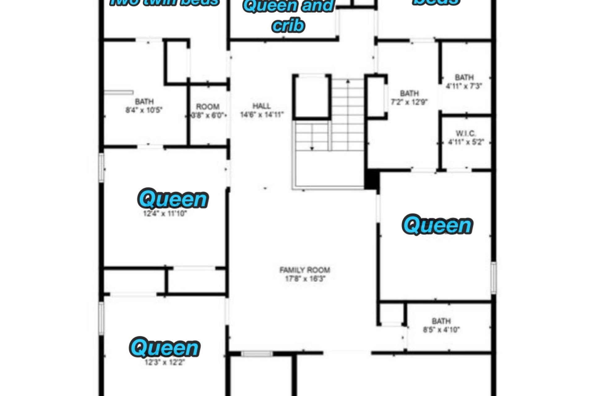 Detailed 5-bedroom, 5-bath house floor plan with stairs, family room, and theater.