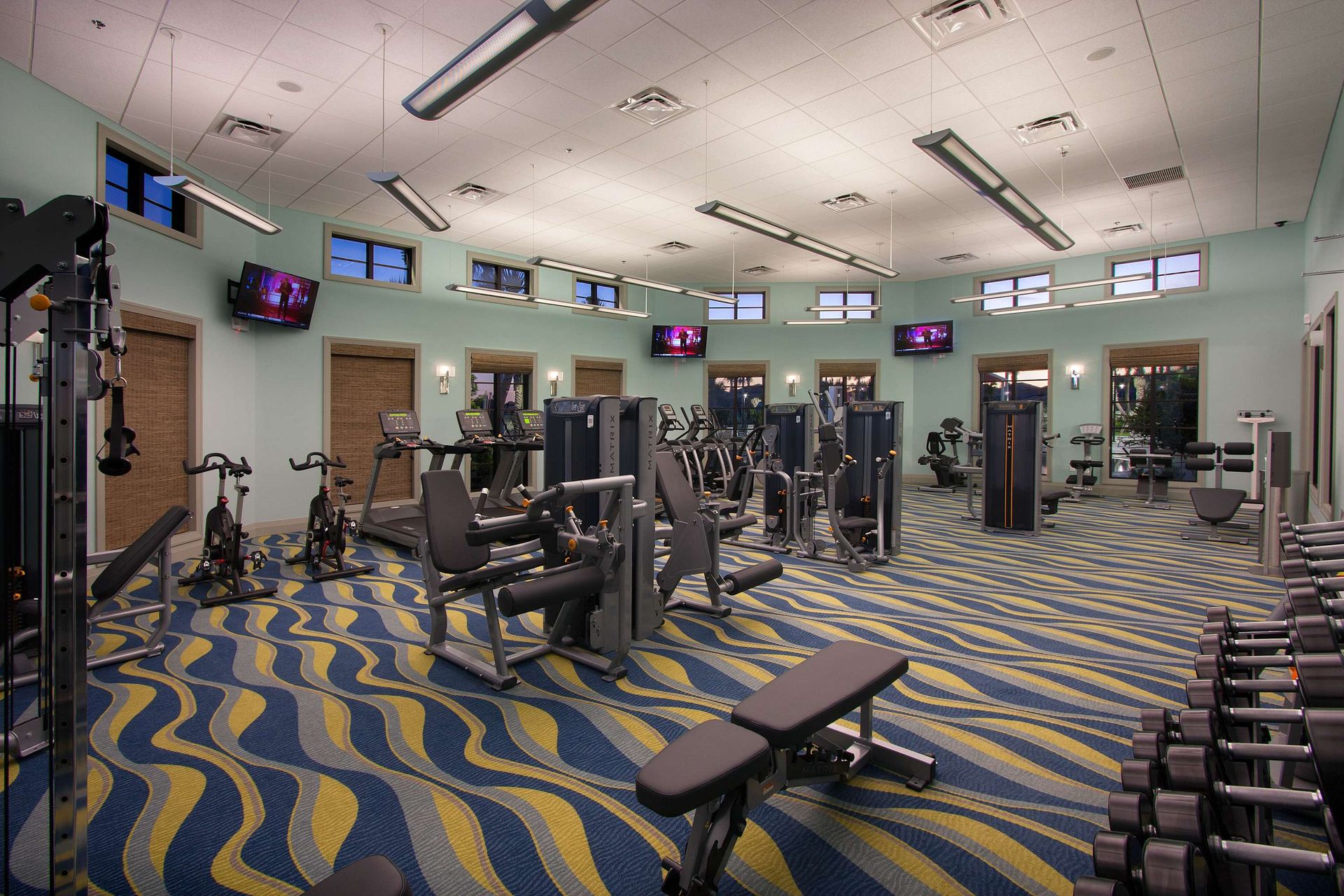 Community gym with weight machines, cardio equipment, free weights, and TVs.