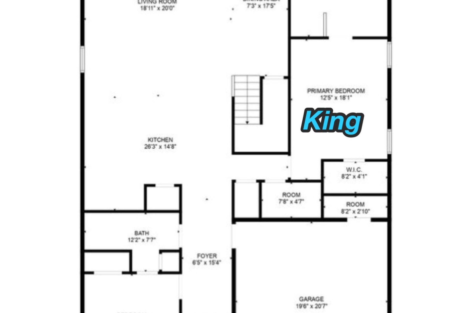 Detailed 2-bedroom, 3-bath house floor plan with kitchen, stairs, garage, and living area.