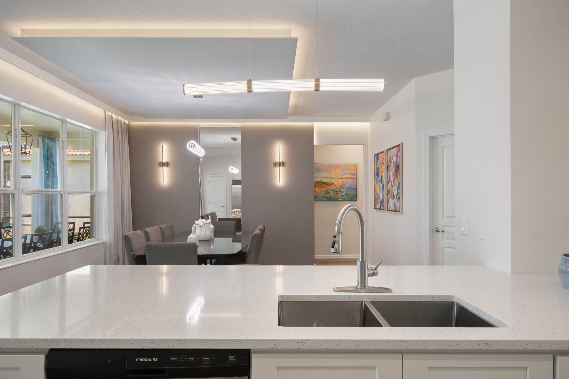 Contemporary kitchen view of the elegant dining space.