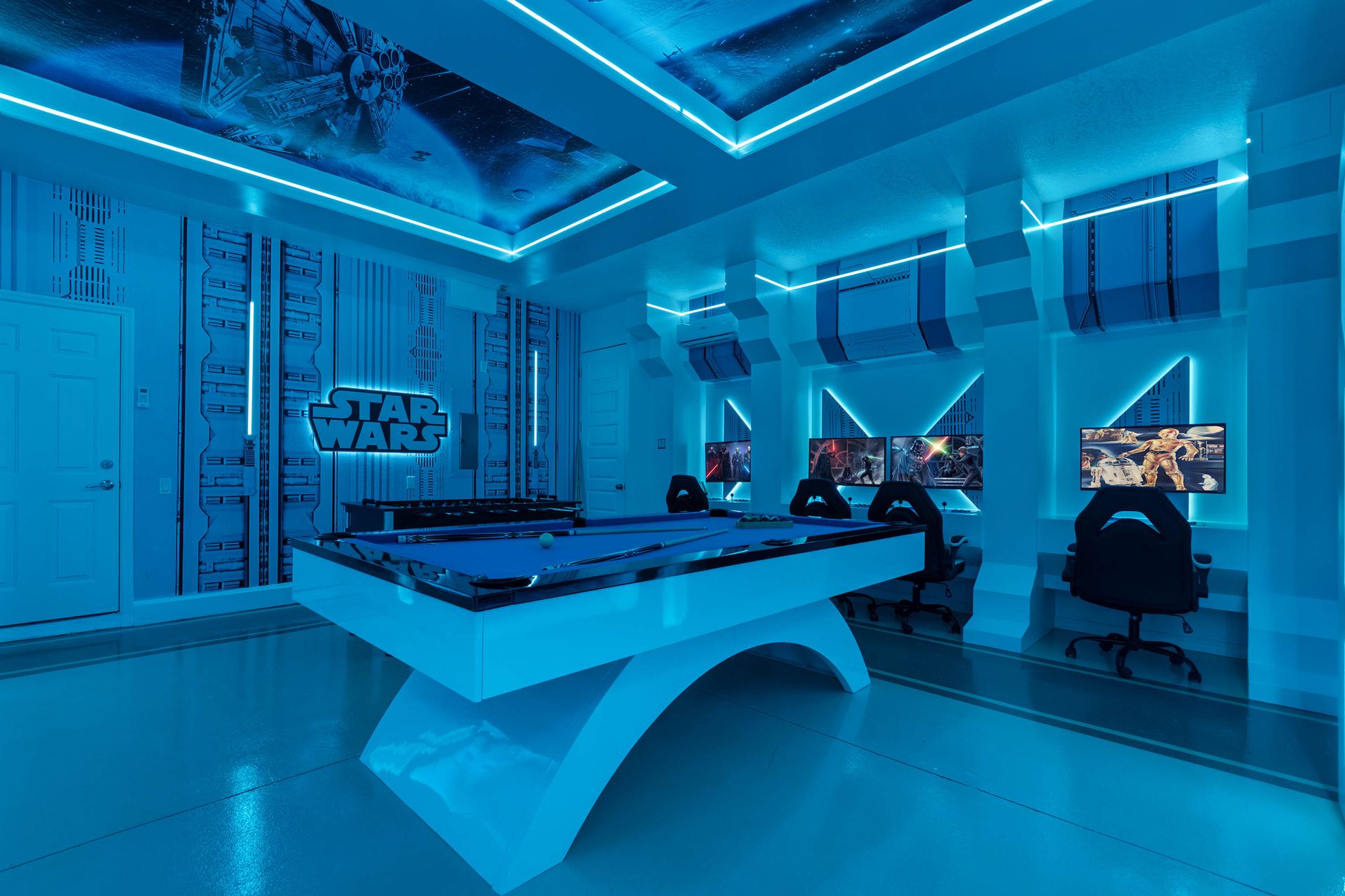 Ultimate STAR WARS gaming lounge with a glowing pool table.