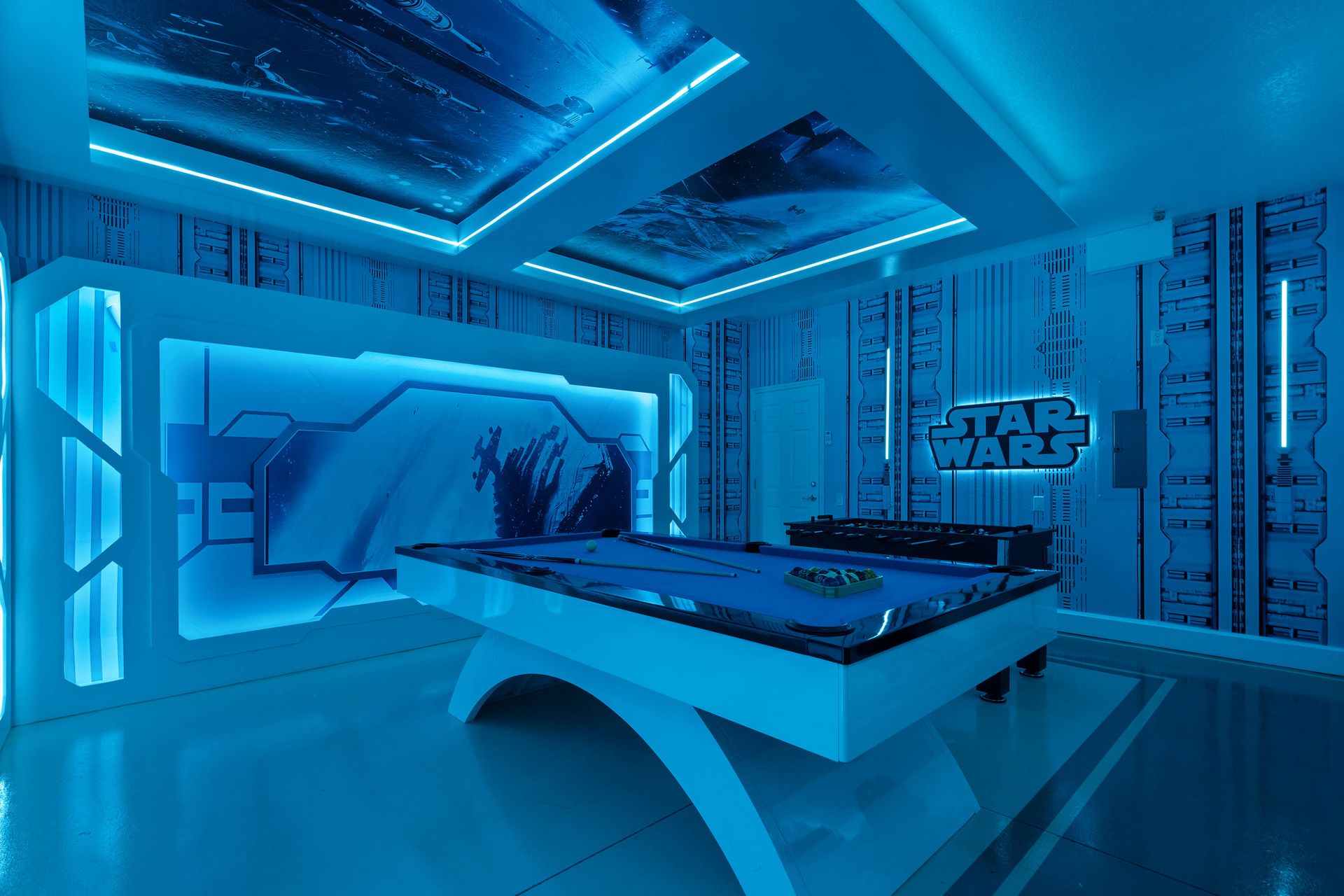 Immersive, high-tech STAR WARS game lounge.