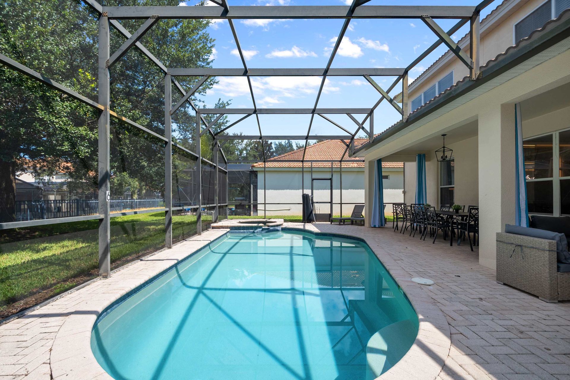 Private, sunny screened enclosure for safe, all-day swimming. 