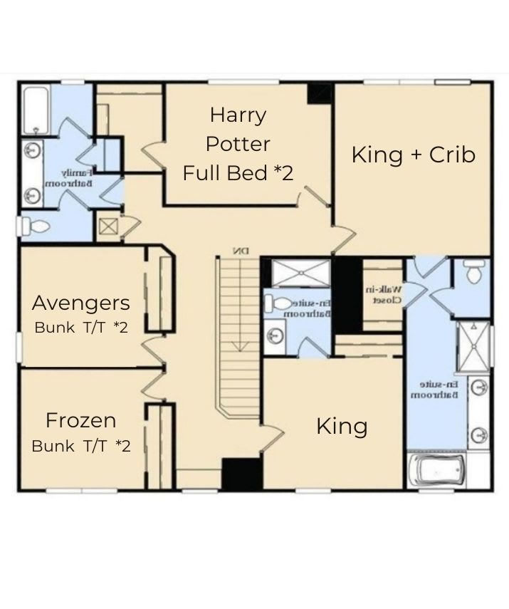 Upstairs: Two King suites plus 3 full/twin bunk themed kids' rooms.