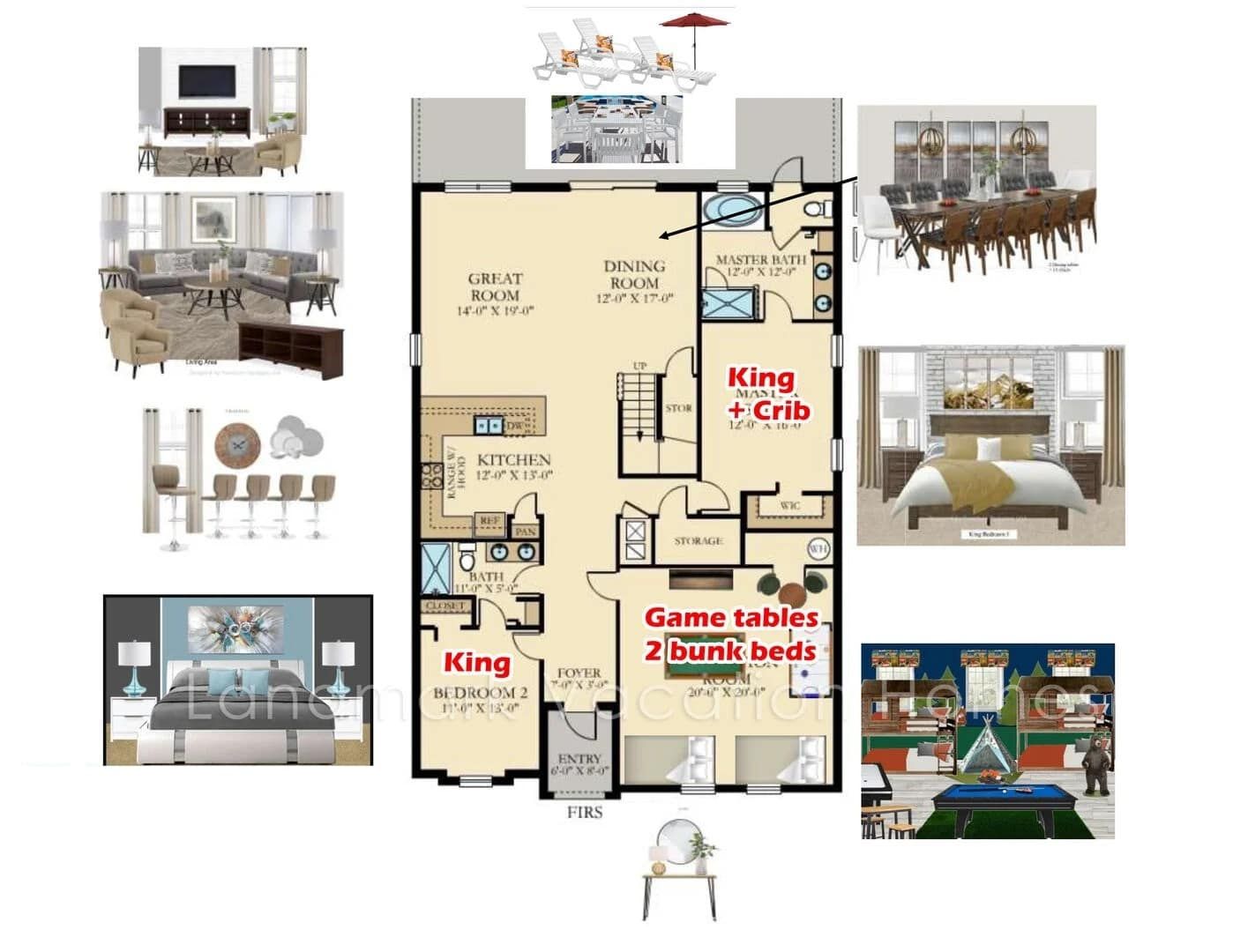 First floor plan: open living, two King suites, and a dedicated game room.