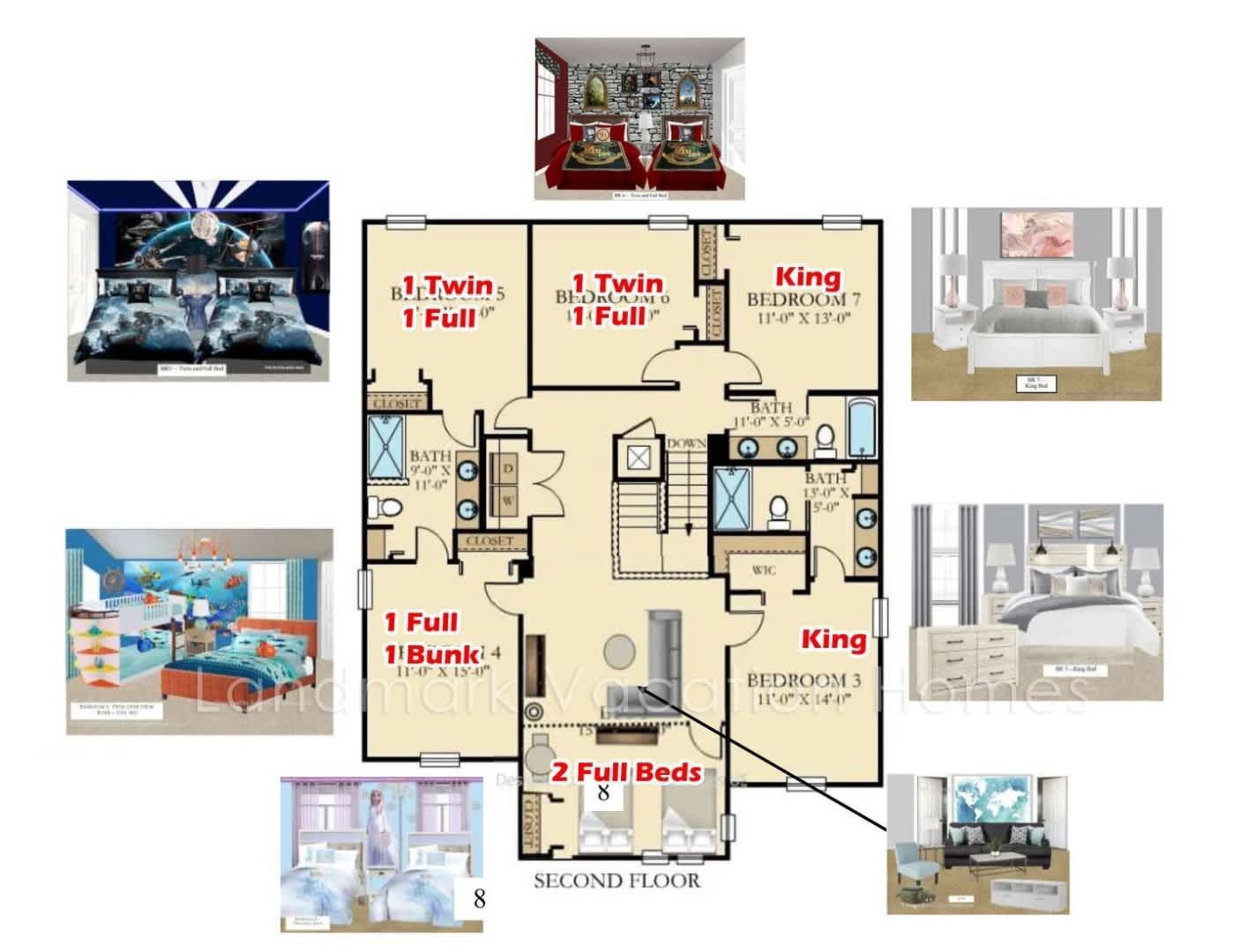 Second floor layout: 5 large bedrooms including themed and King suites.