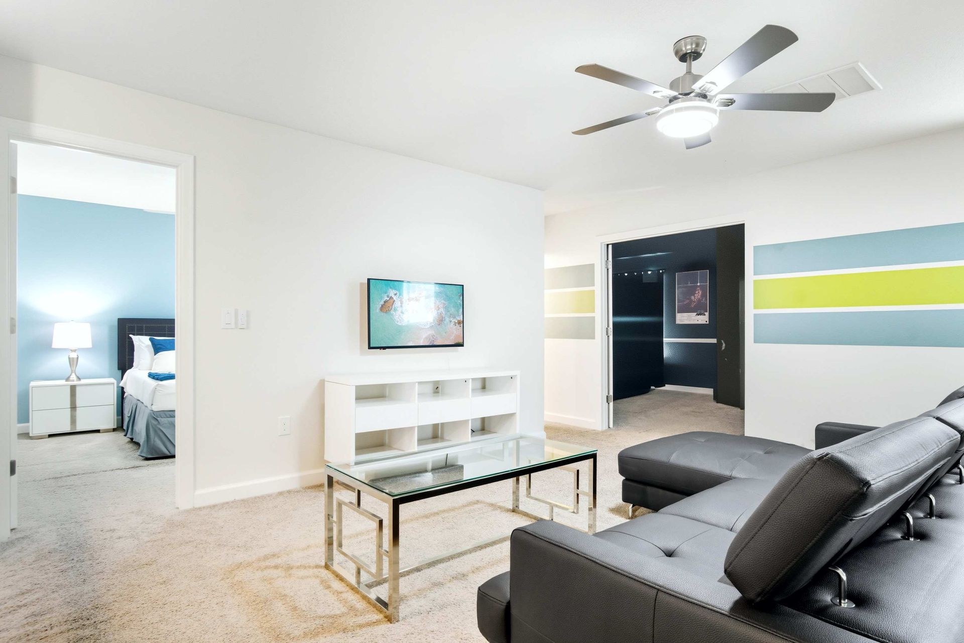 Spacious carpeted loft for extra relaxation, TV, and comfortable seating.