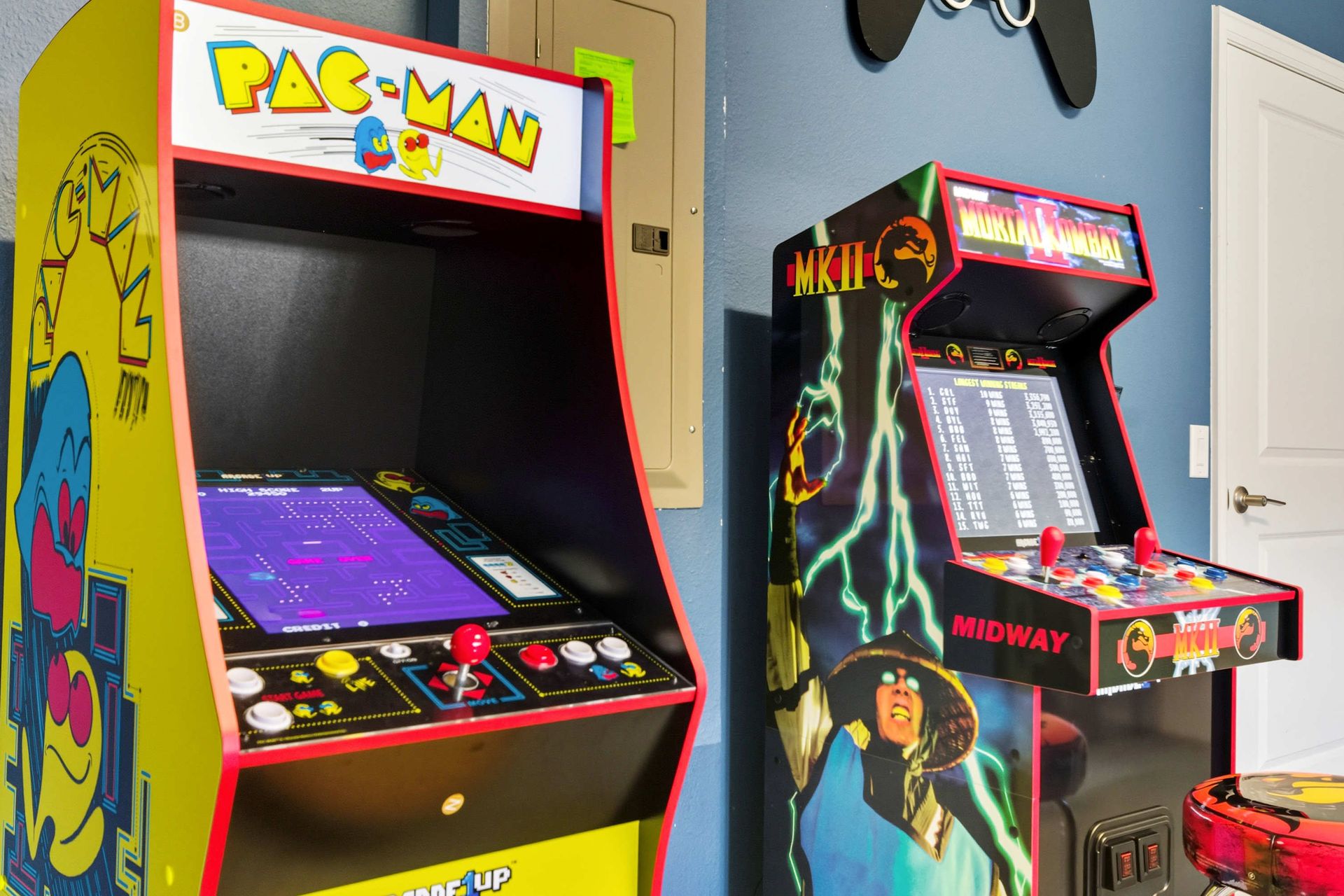 Game On! Classic Pac-Man and Mortal Kombat arcade machines.