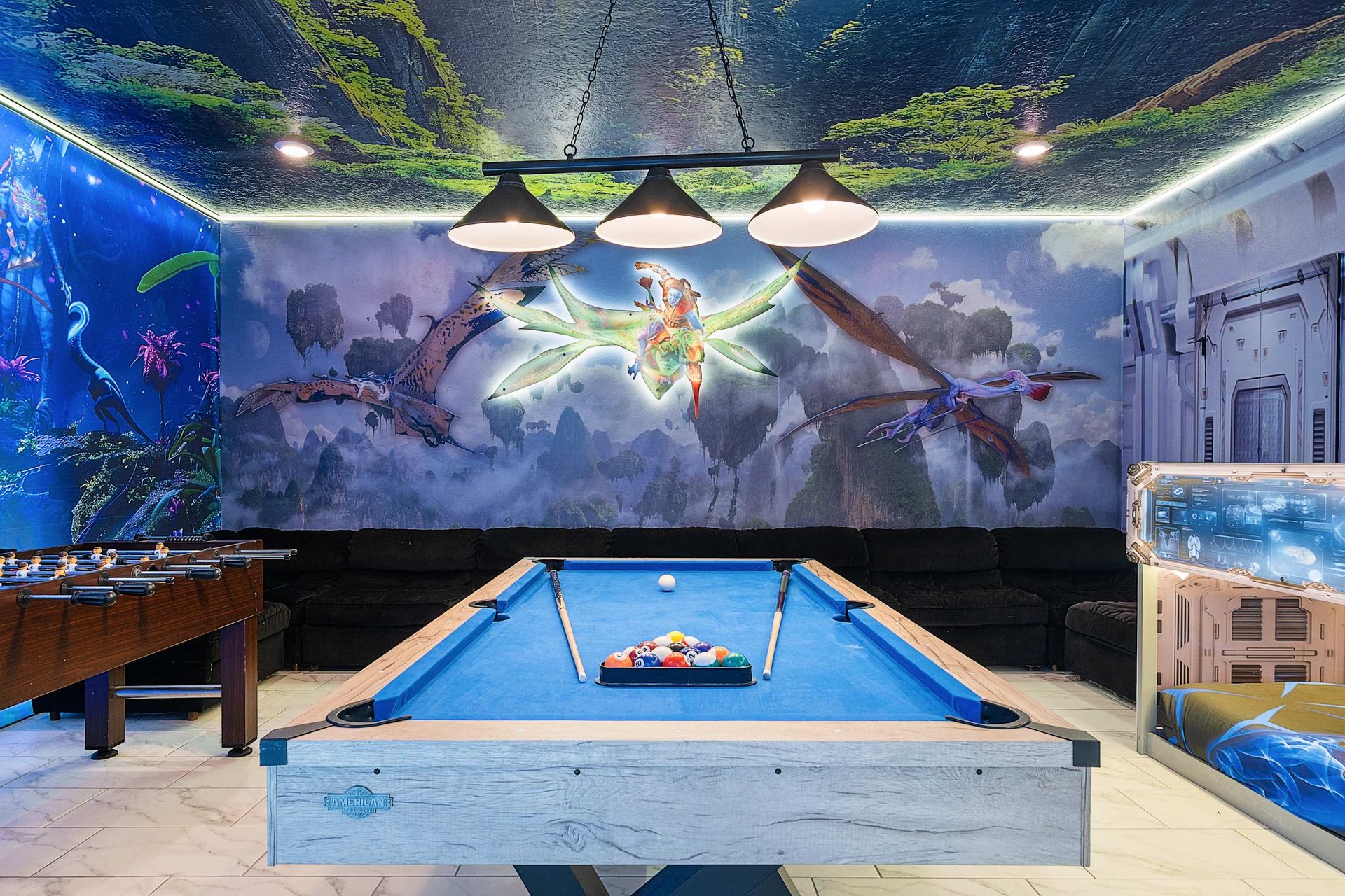 Kids will love sleeping in glowing sci-fi bunk beds with illuminated panels and themed bedding — playful, cozy, and picture-perfect.