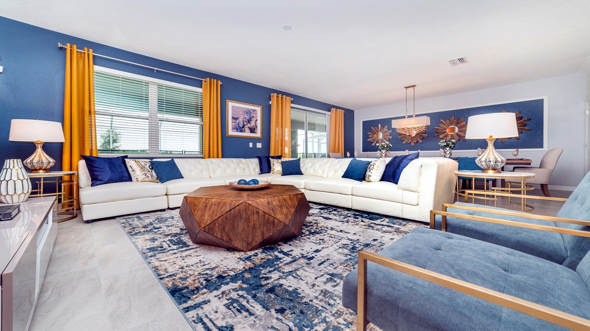 Stylish living room with bold decor, cozy seating, and vibrant charm