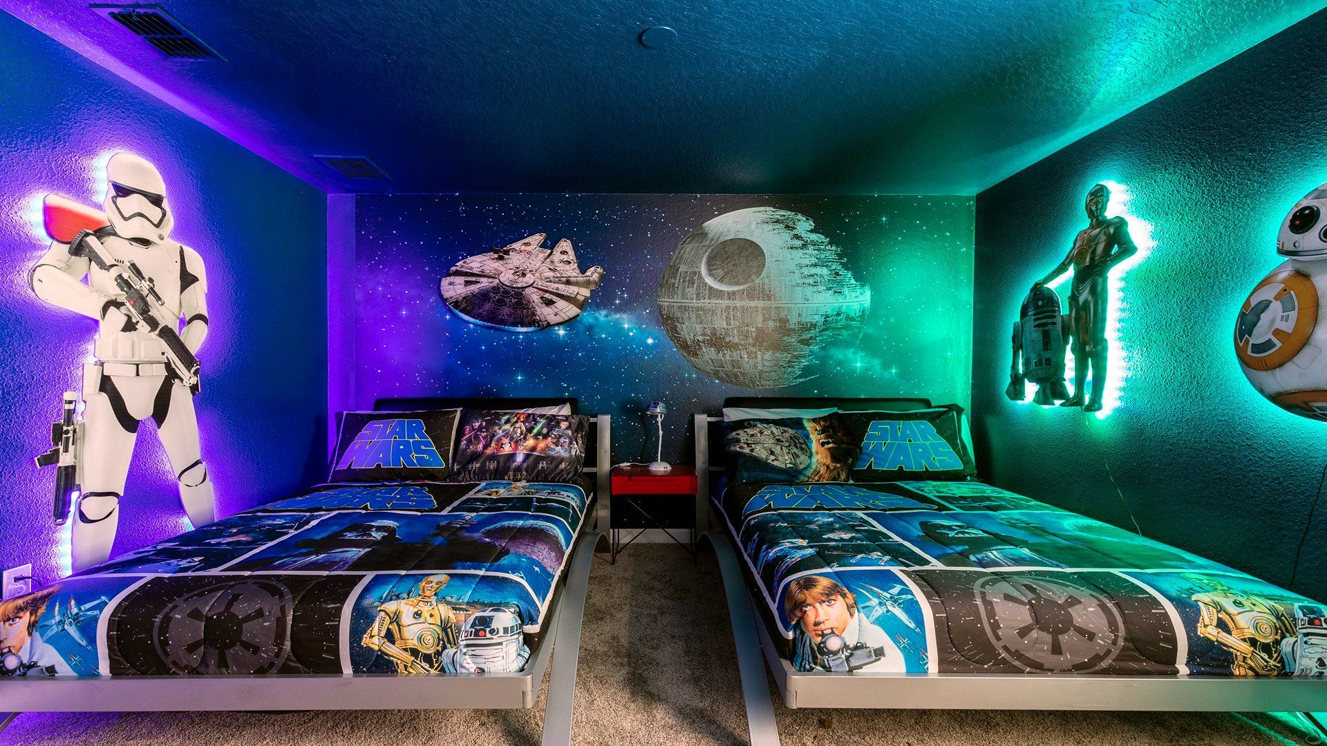 Epic Star Wars-themed bedroom with glowing decor and galactic vibes.