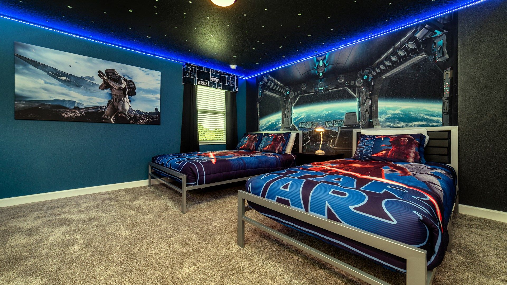 Epic Star Wars-themed bedroom with glowing stars and space vibes!