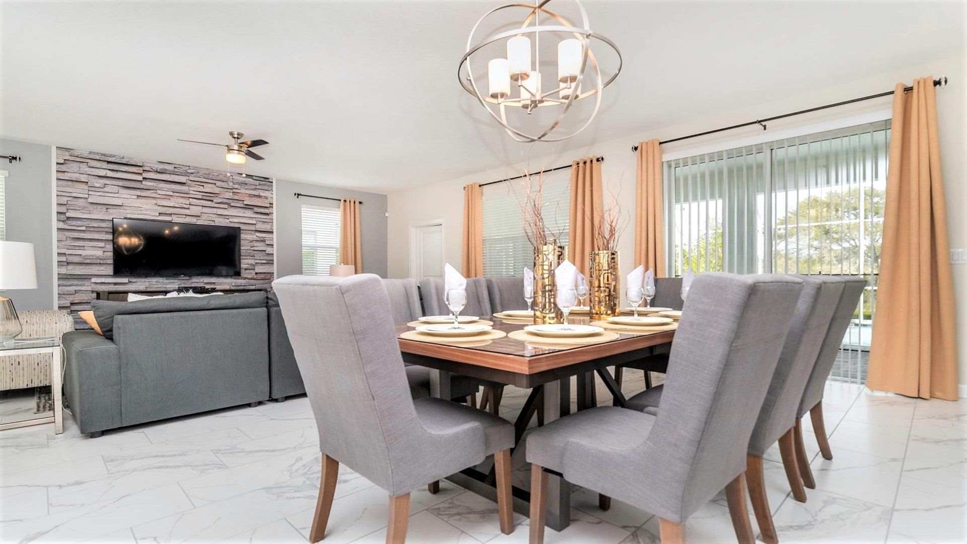 The dining table seats 12 people comfortably.