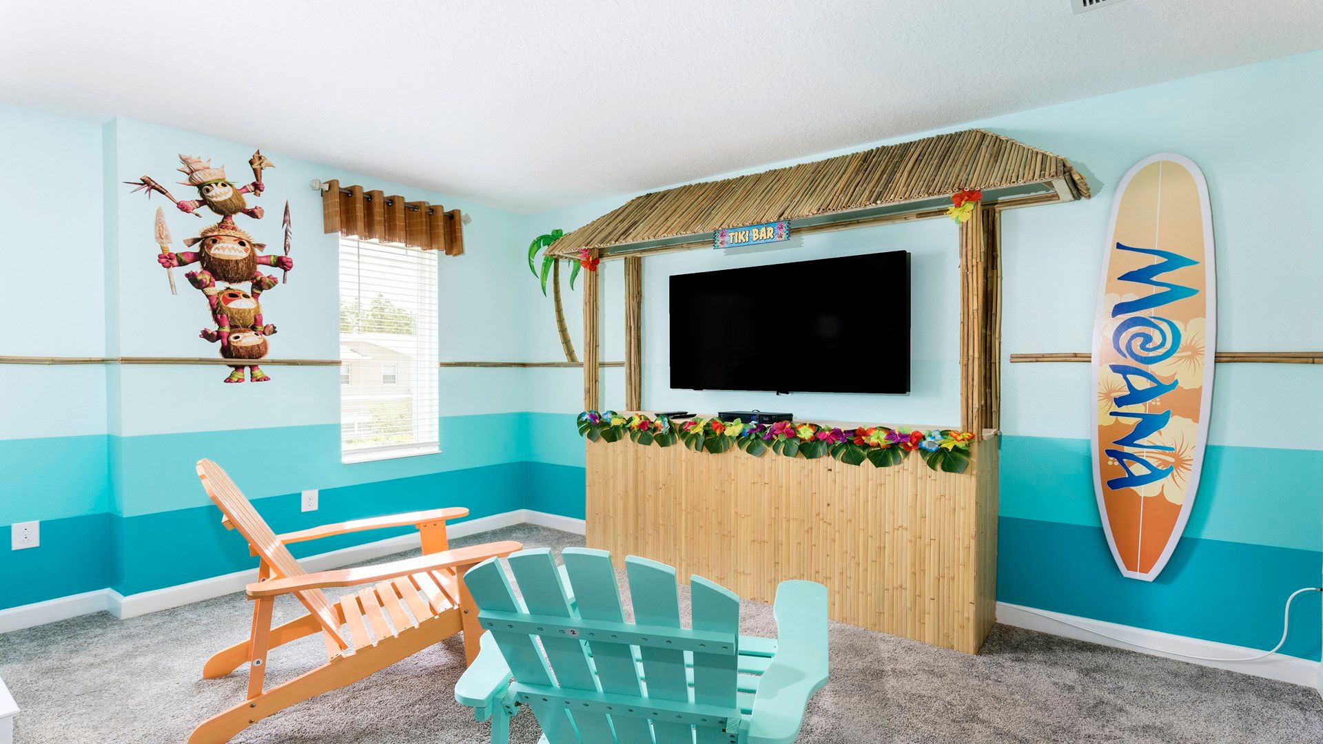 Moana-themed entertainment corner with Tiki bar, TV, and island vibes