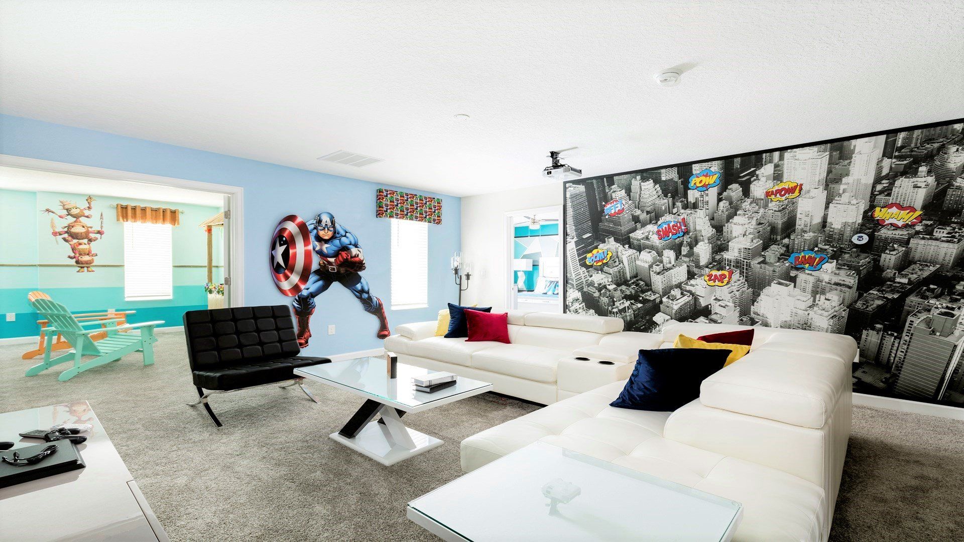 Superhero-themed home theater with stylish seating & fun decor!