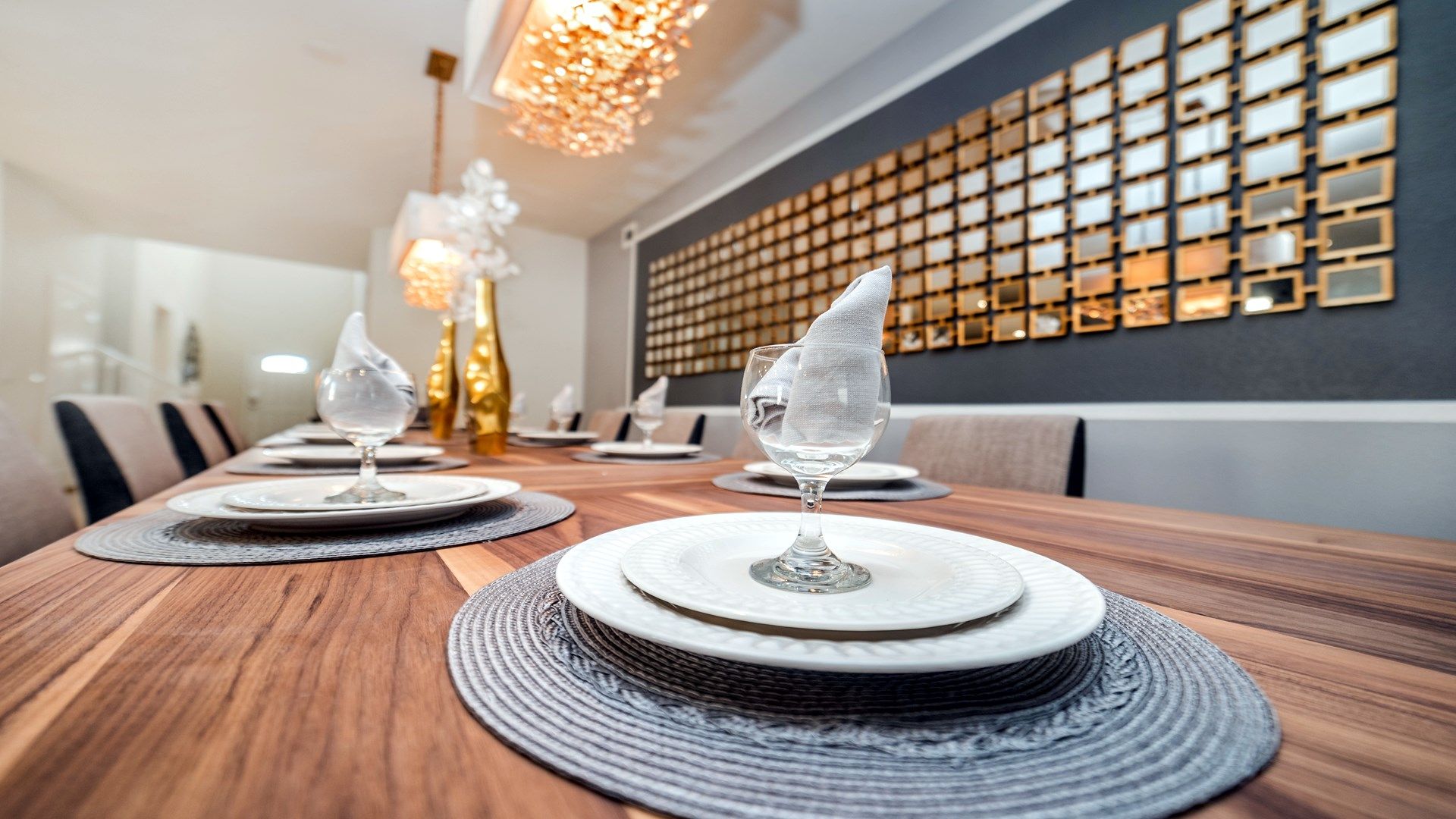 Sophisticated dining setup with elegant lighting, perfect for memorable gatherings.