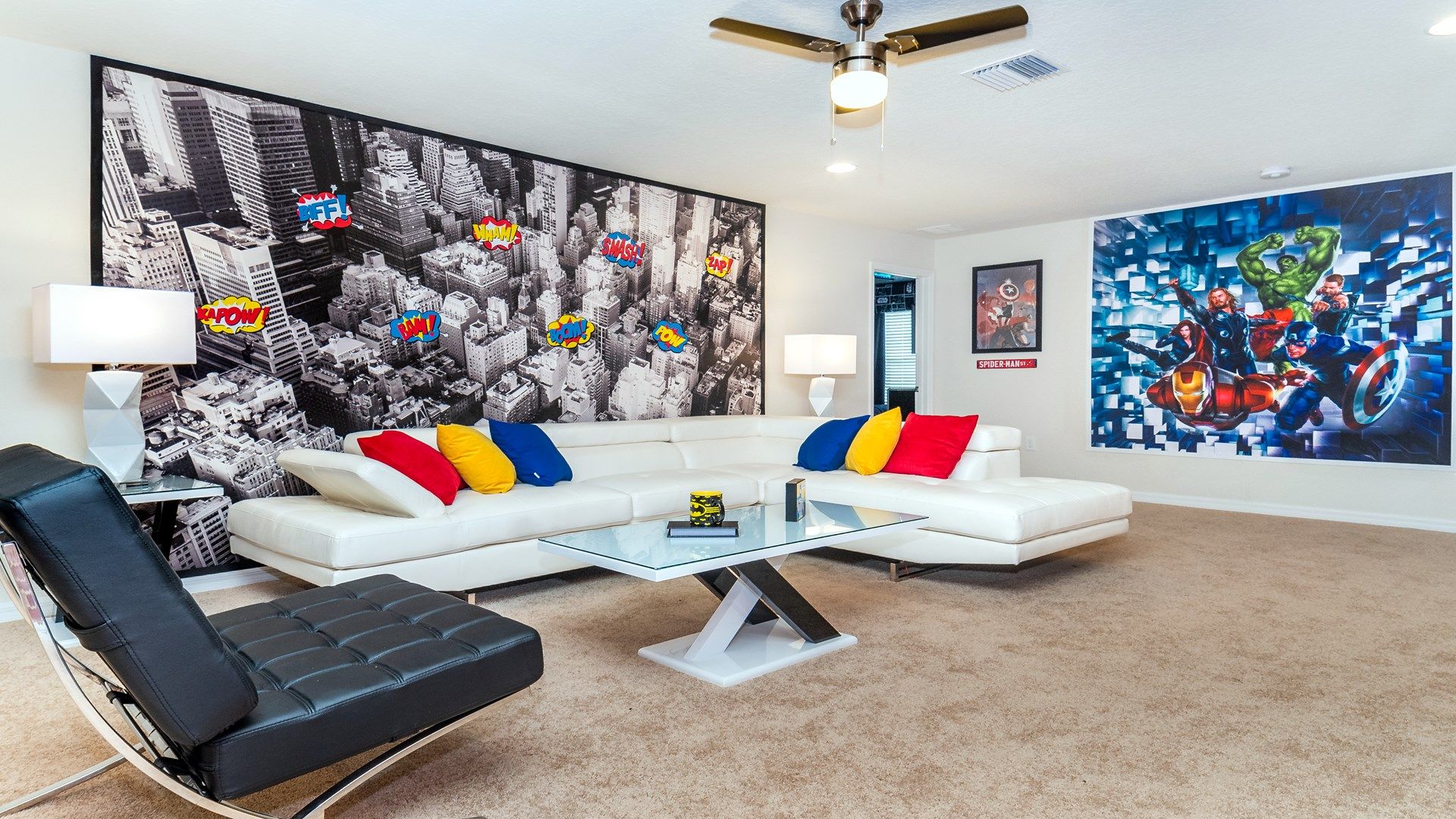Epic superhero-themed game room with bold art, comfy seating, and fun vibes.