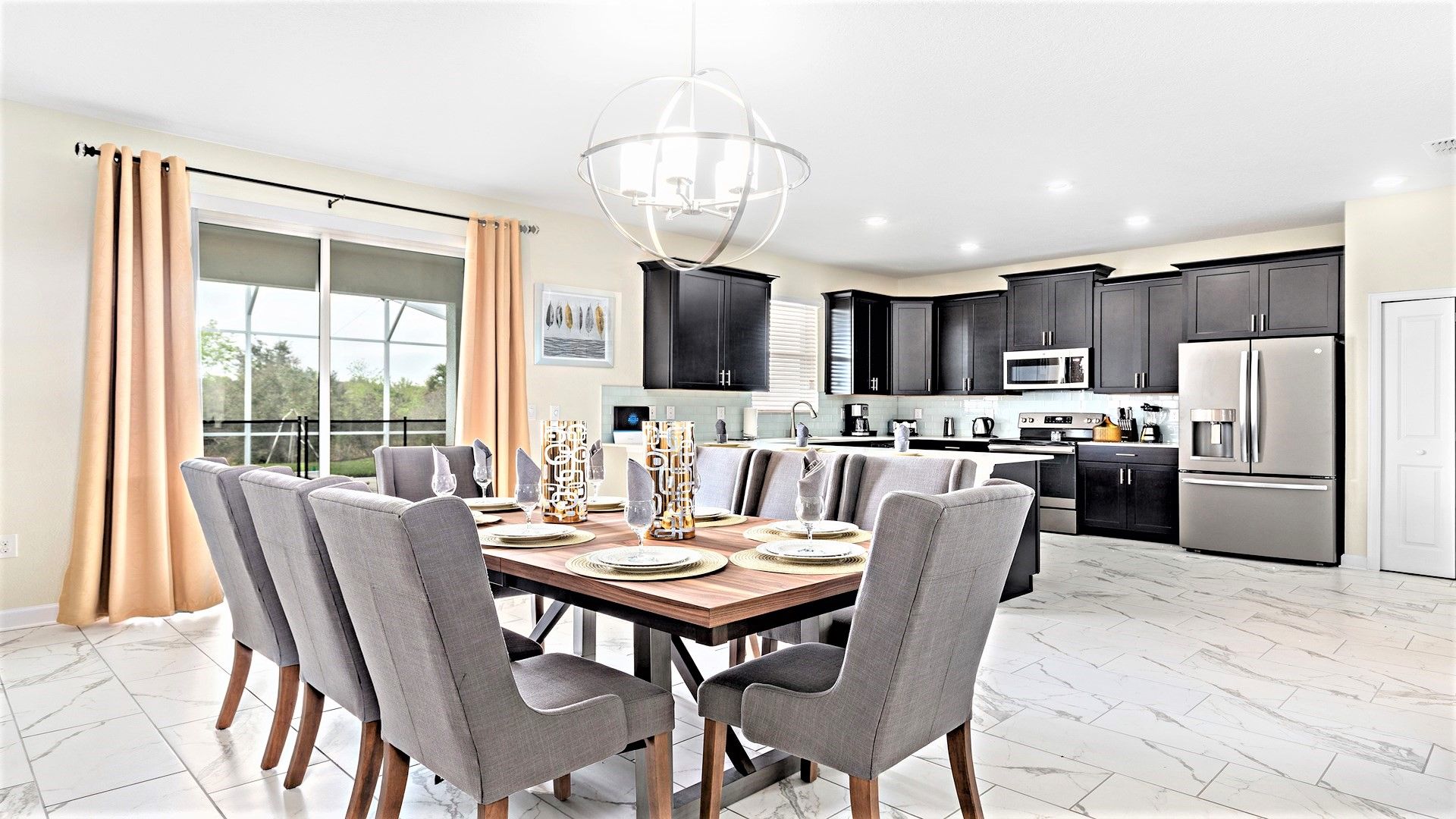 The dining table seats 12 people comfortably.