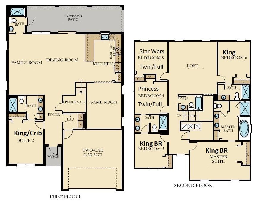 Spacious 6BR villa floor plan with themed rooms, game area, and open living space.