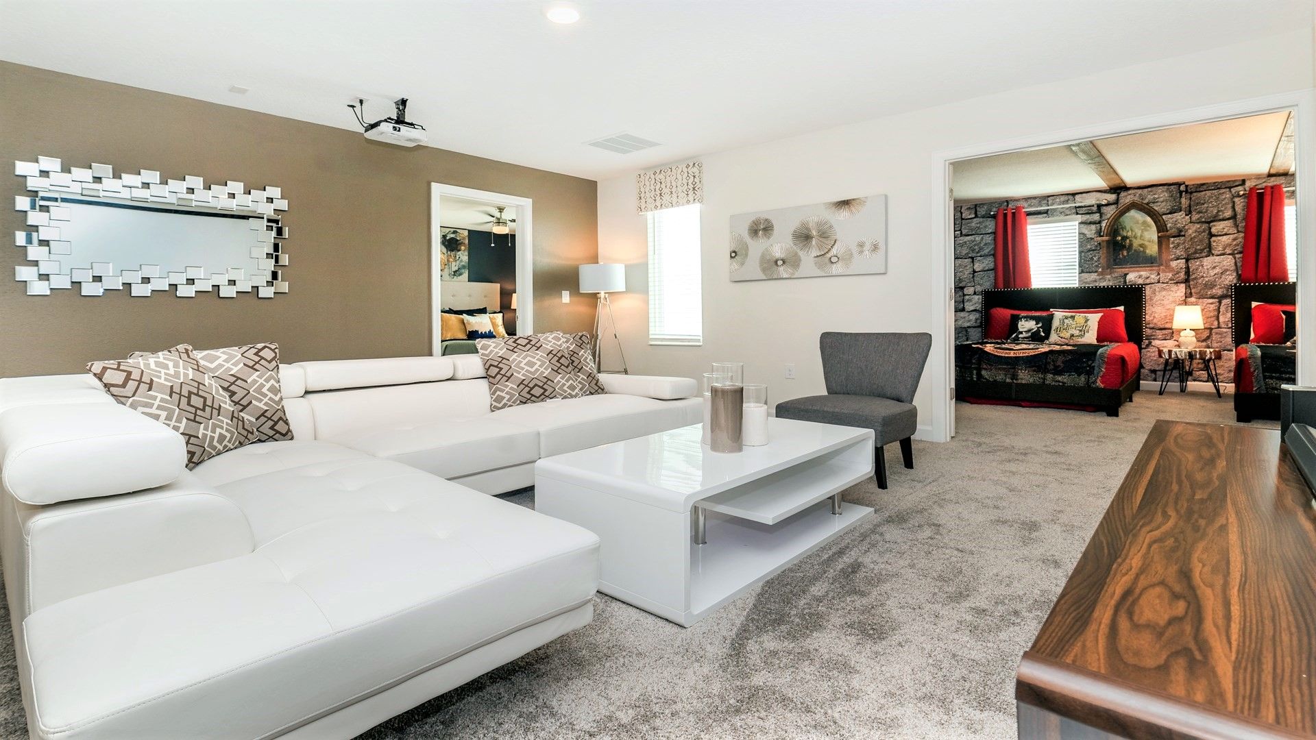 Chic lounge area with modern decor, adjoining a magical themed room!