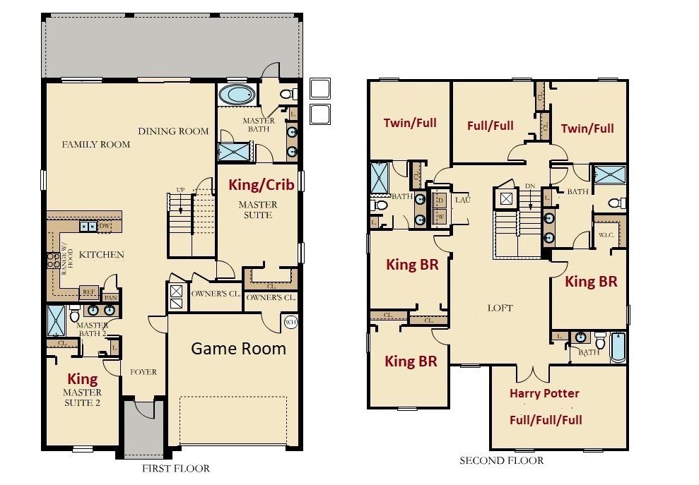 Spacious 9-bedroom floor plan with themed rooms, game room, and loft!