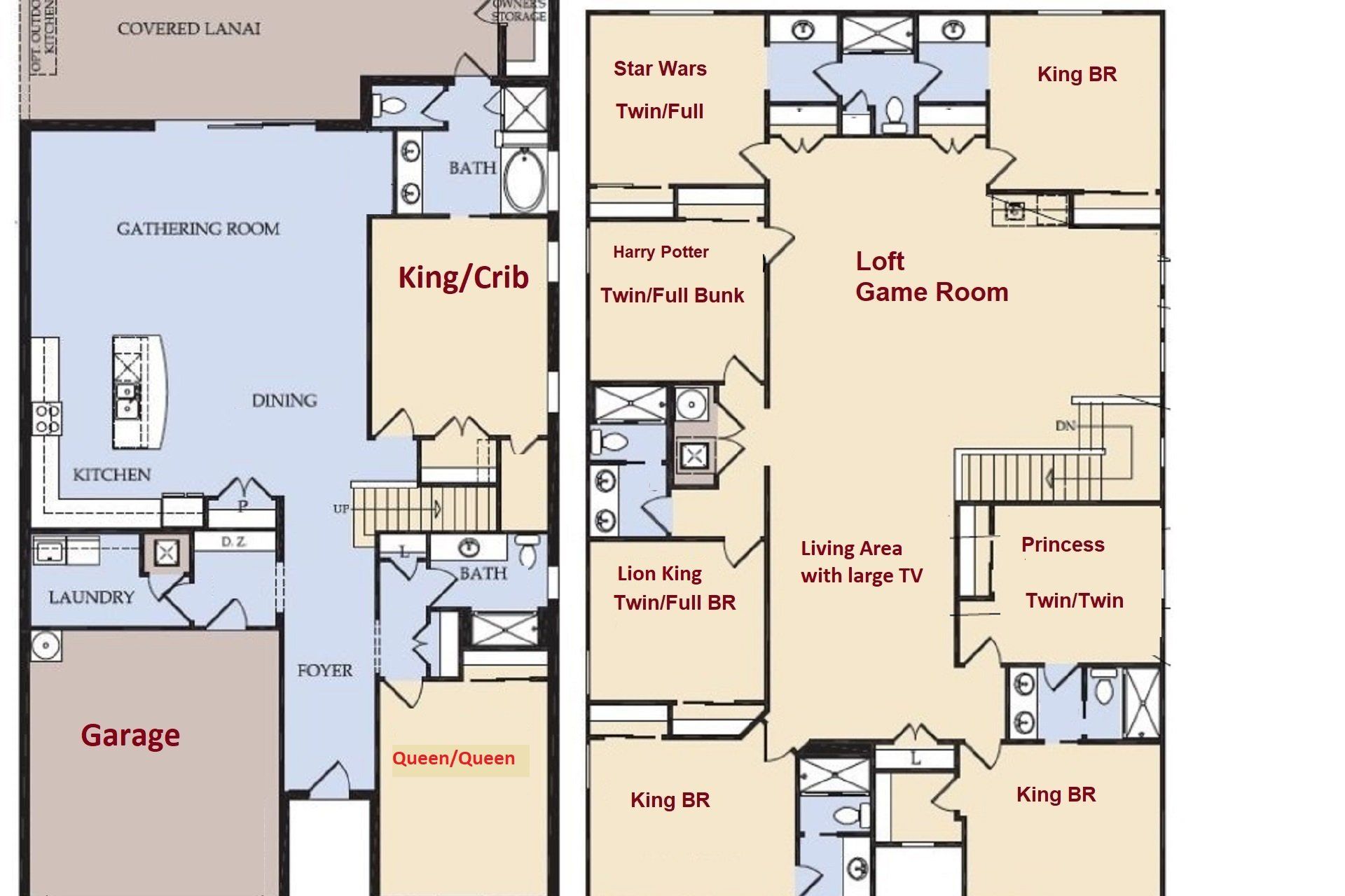 Spacious 7-bedroom layout with themed rooms, loft game area, and open living spaces