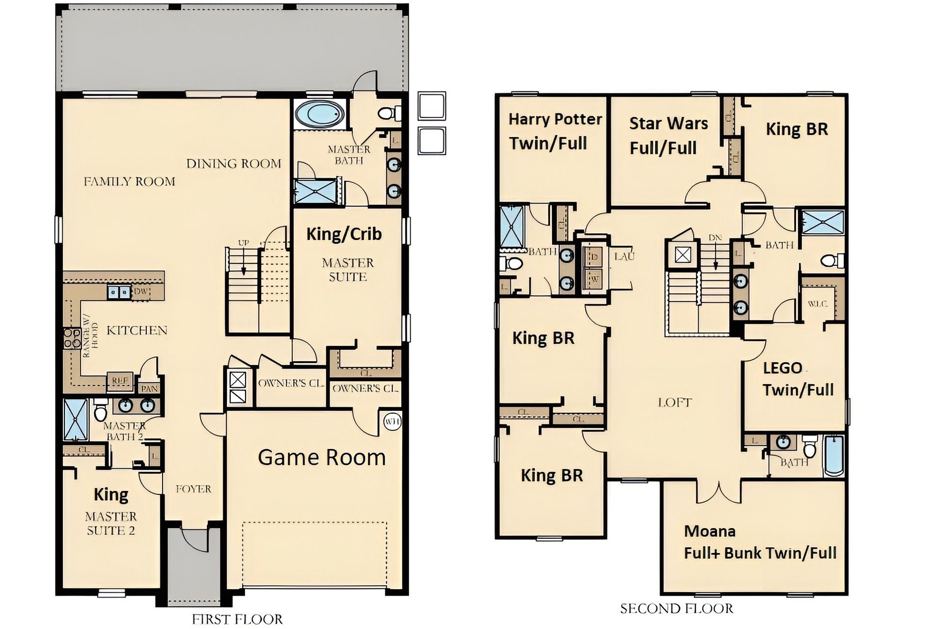 Spacious 7-bedroom floor plan with themed rooms and game area