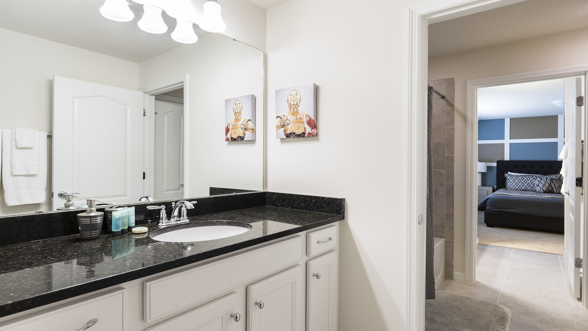 Sleek bathroom with granite counter, Star Wars art, and walk-in shower, connected to stylish bedroom.