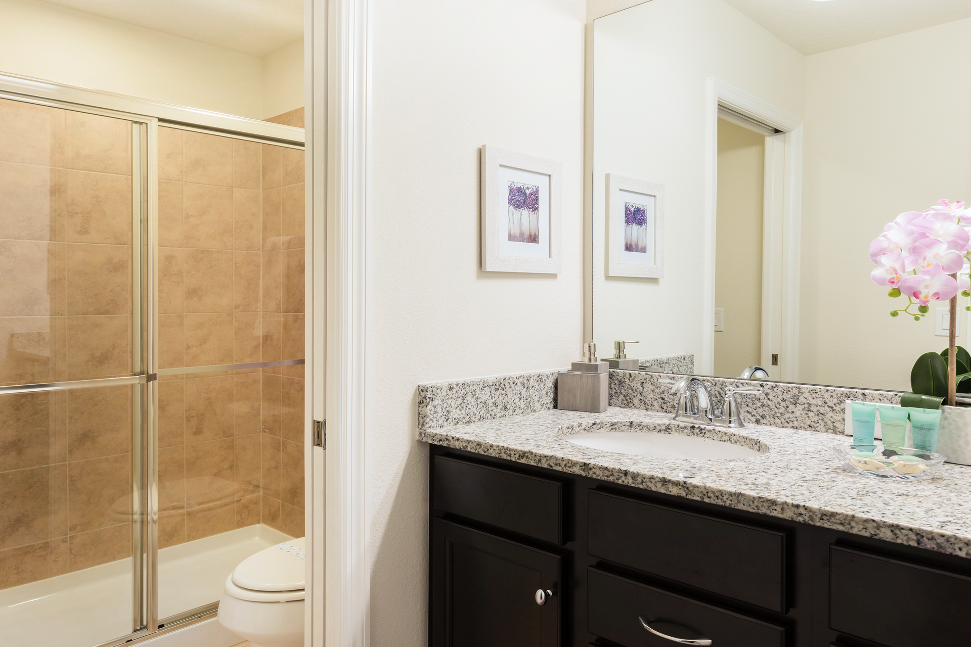 Bright, modern bathroom with granite vanity, floral decor, and a walk-in shower.