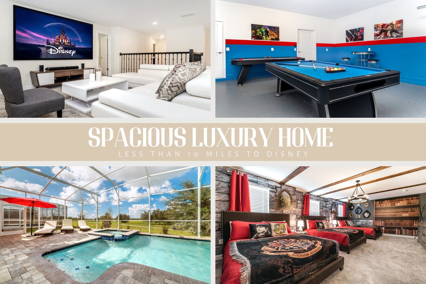 Spacious luxury retreat near Disney! Private pool, game room, themed rooms.