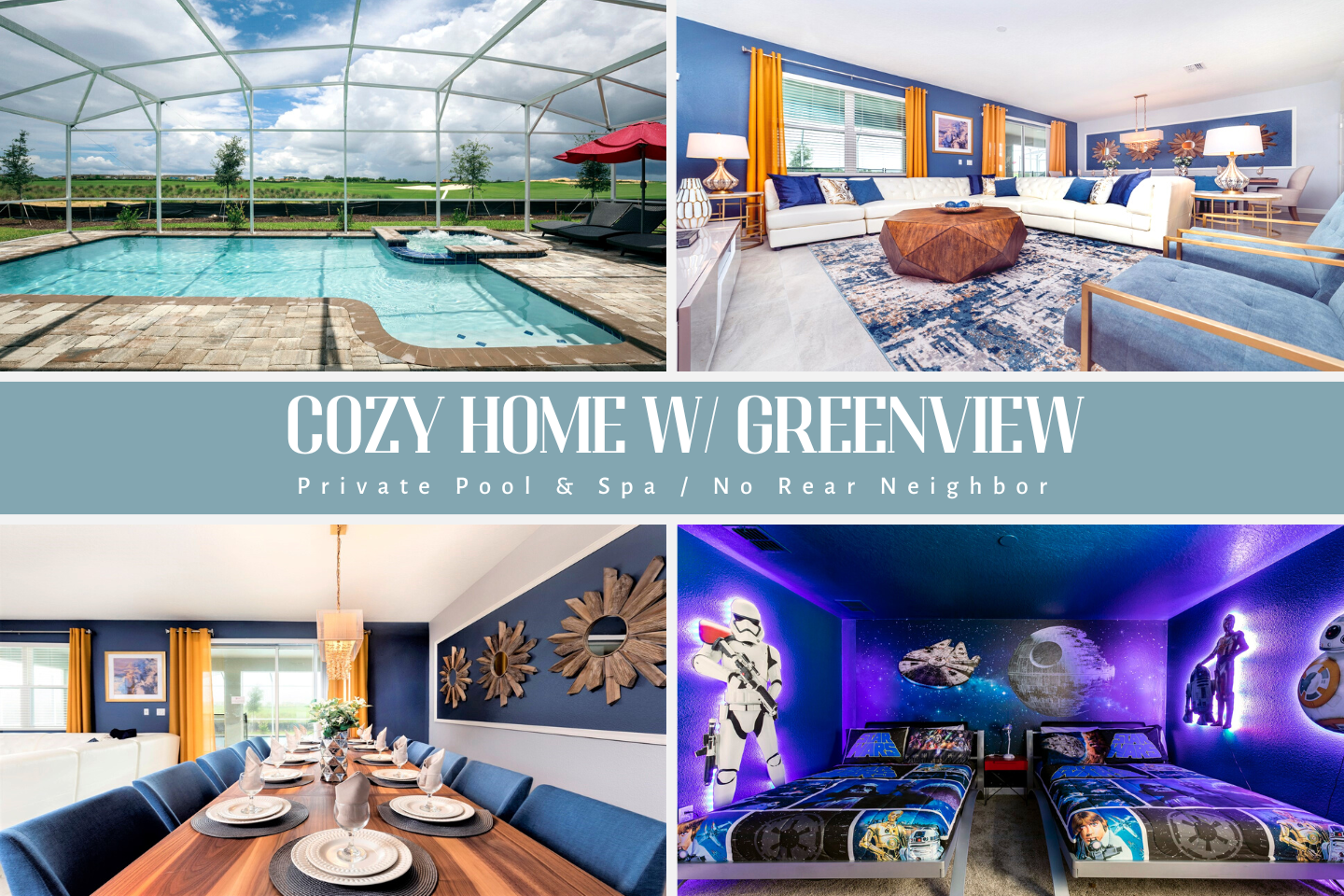 Cozy home with green views, private pool, spa & themed bedrooms!