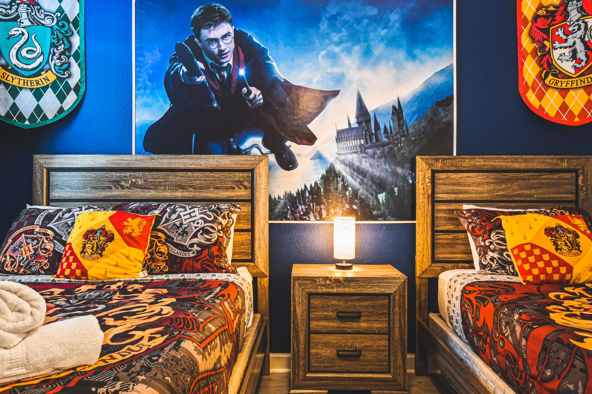 Harry Potter-themed bedroom with two full beds for magical slumber