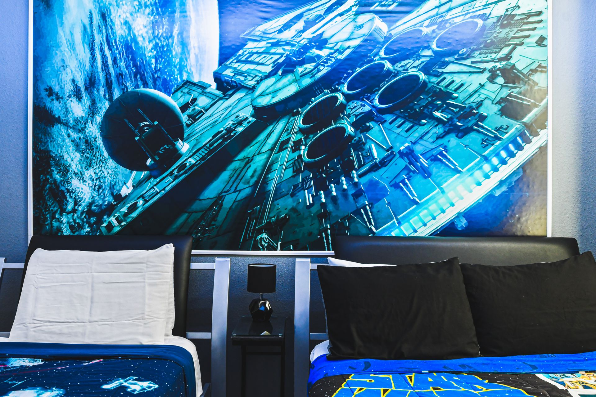 Star Wars-themed bedroom with two full beds for a galactic retreat