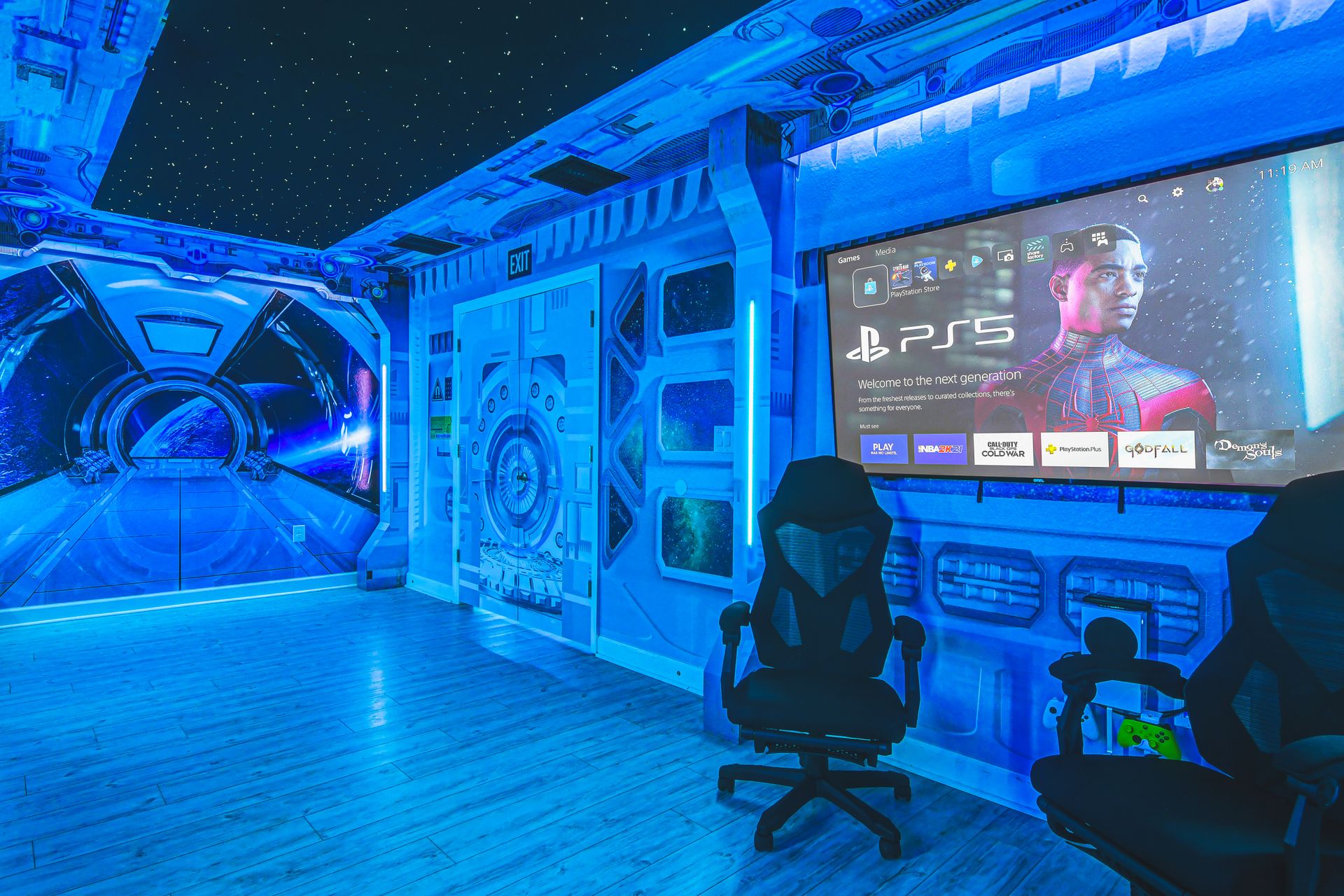 PS5 in space-themed room for a futuristic gaming haven