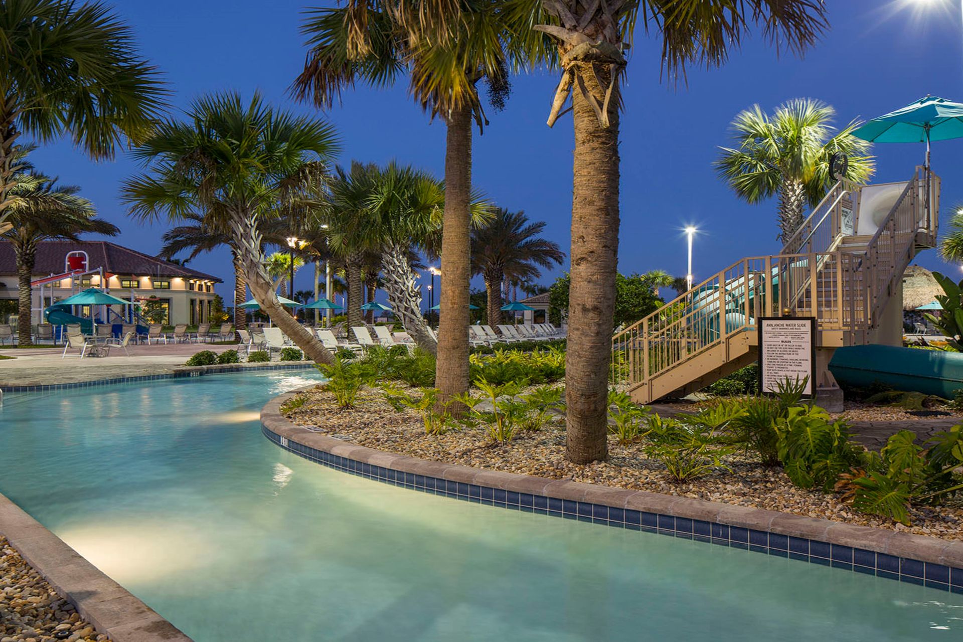 Relax in the lazy river or slide into fun under the night sky