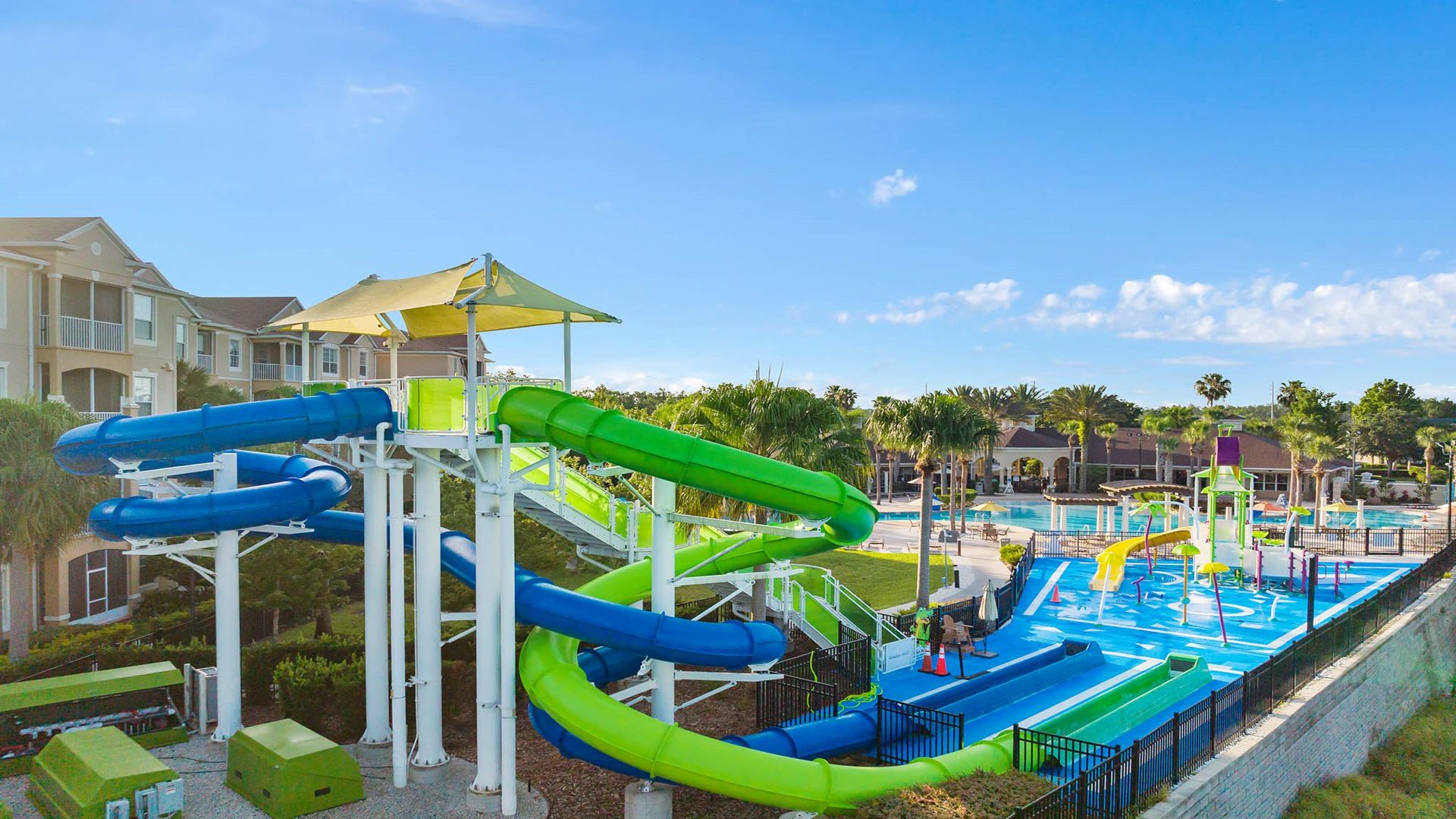 Kids' paradise! Resort's colorful water park with slides & games—splash into fun and adventure!