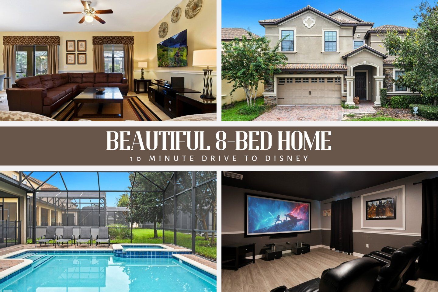 Expansive 8-bedroom home boasting an outdoor pool and movie theater