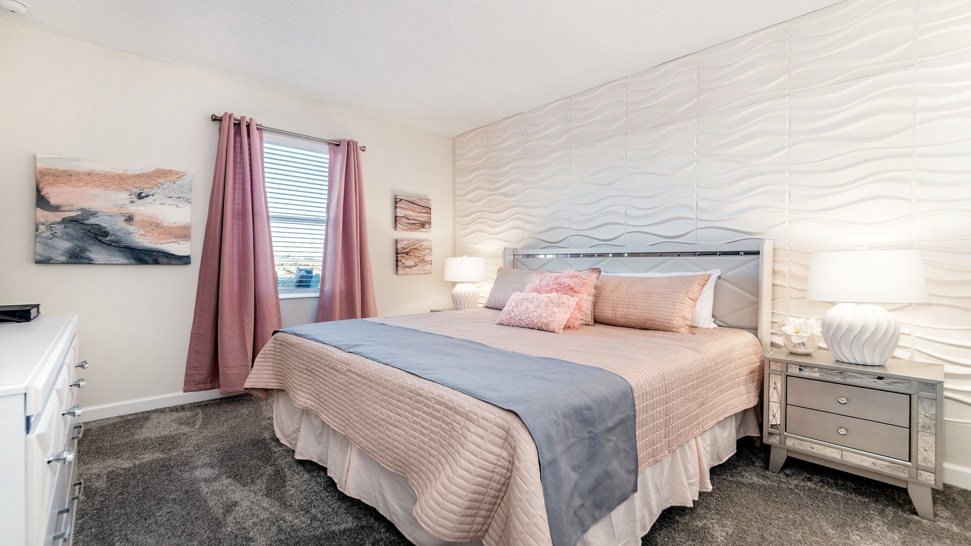 Elegant bedroom, curated accents, luxe bed, high-quality linens.