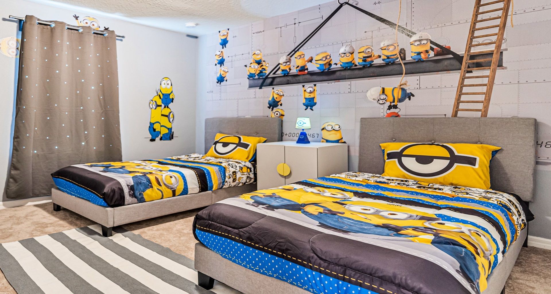 Minion-themed room with 1 double and 1 single bed