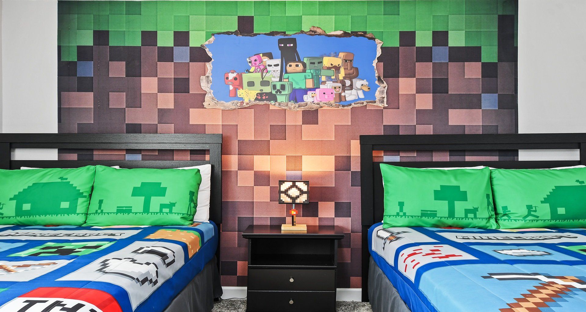Immerse yourself in a Minecraft-themed bedroom, where pixelated decor and vibrant colors transform the space into a playful and creative haven.