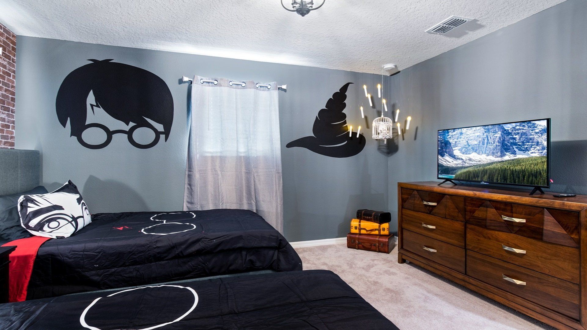 Harry Potter 2 twin bed themed room includes flat screen TV