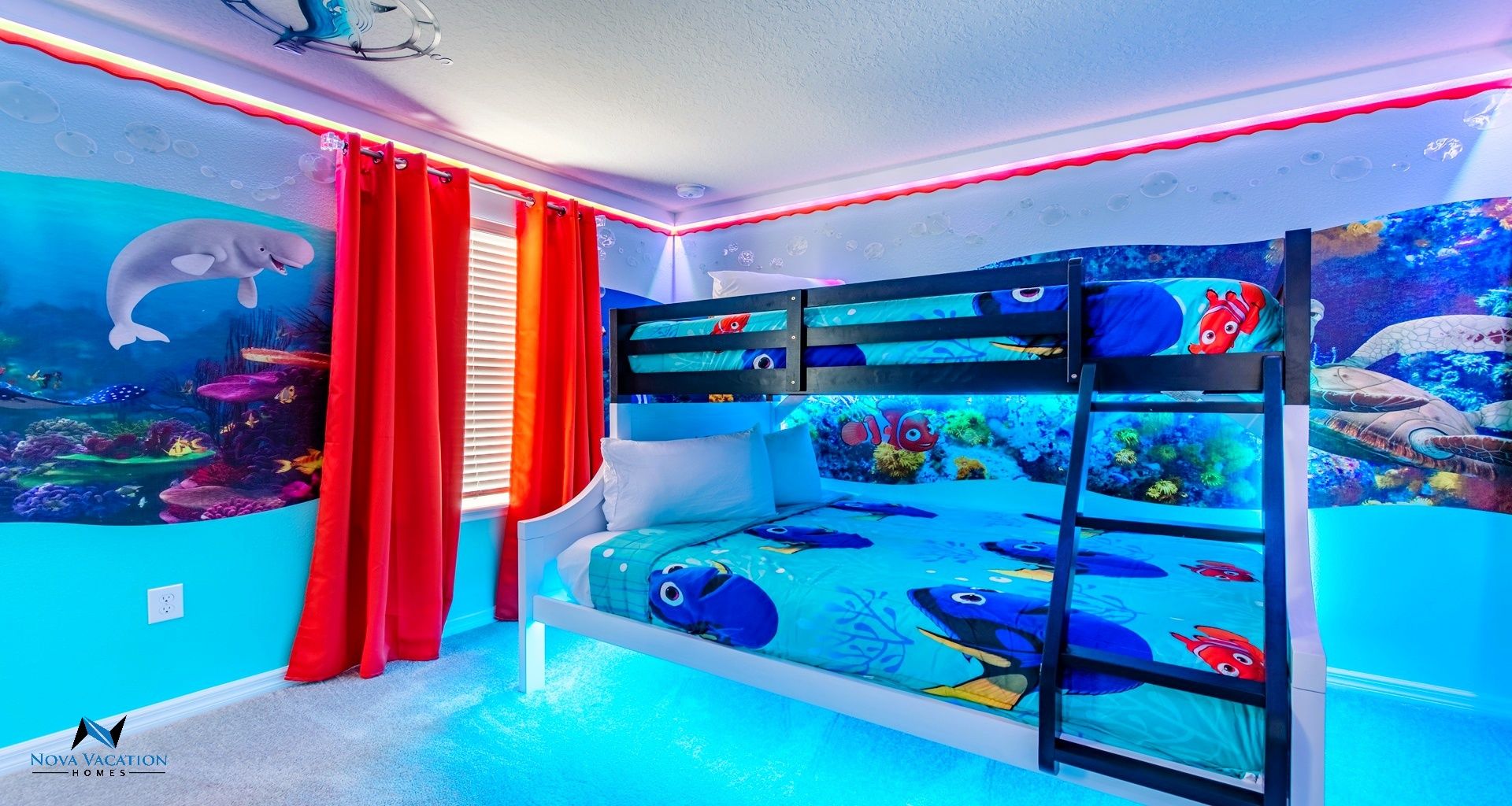 Finding Dory themed bedroom with a bunkbed offering full and twin beds.
