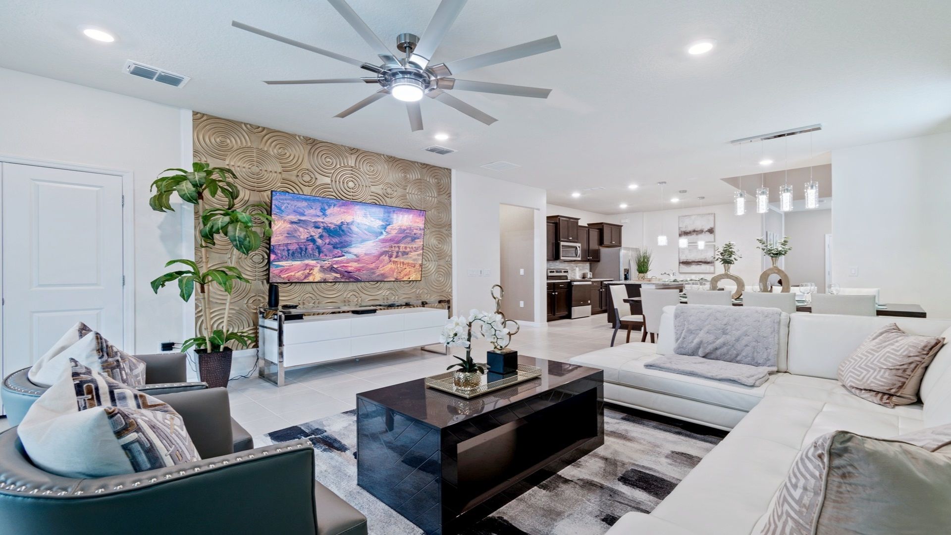 Luxurious living room with a large flat screen TV