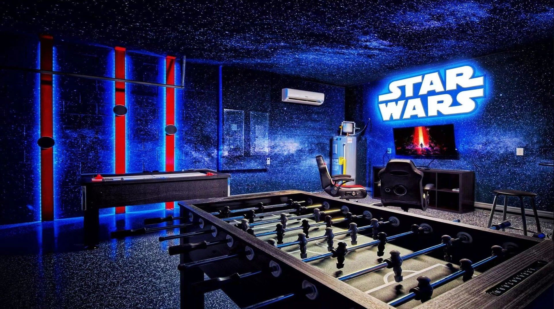 Game Room: Stylishly furnished with a Star Wars theme and cool lighting.