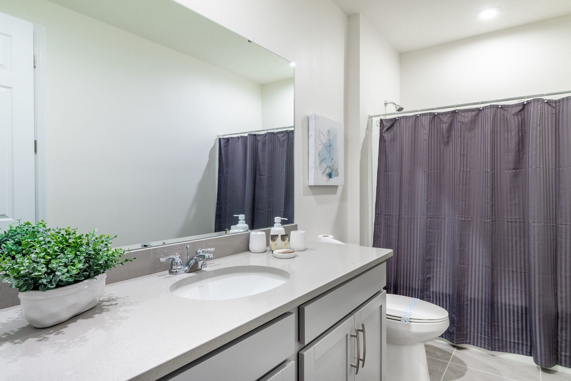 Cozy bathroom with a sleek vanity, modern decor, and a deep gray shower curtain adding a touch of sophistication!