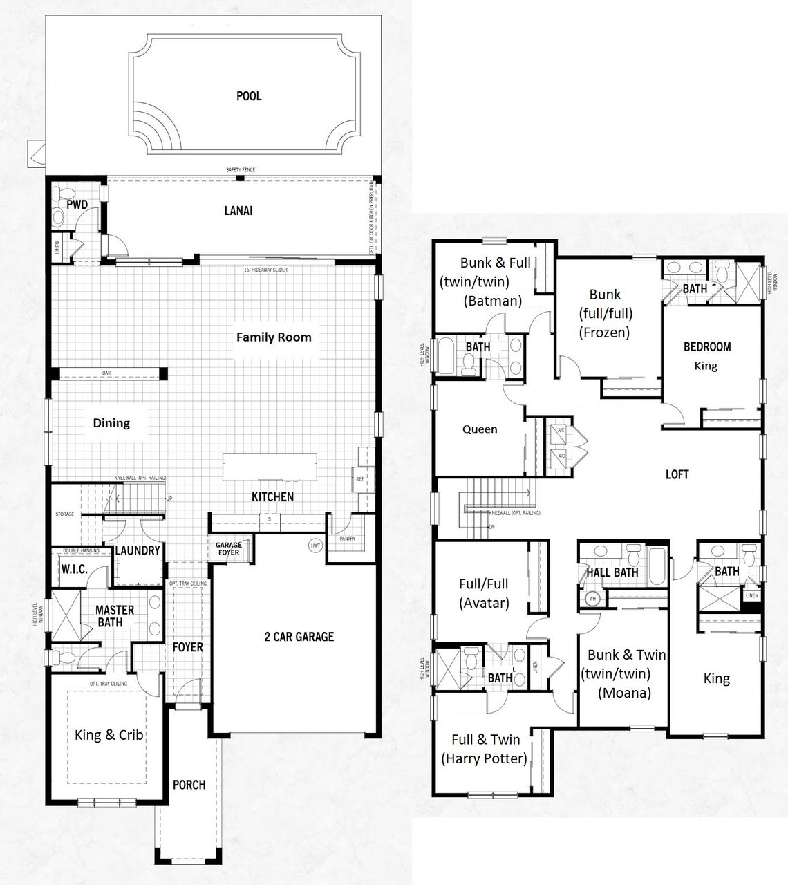 Spacious 9-bedroom floor plan: themed rooms, pool, loft, and open living space!