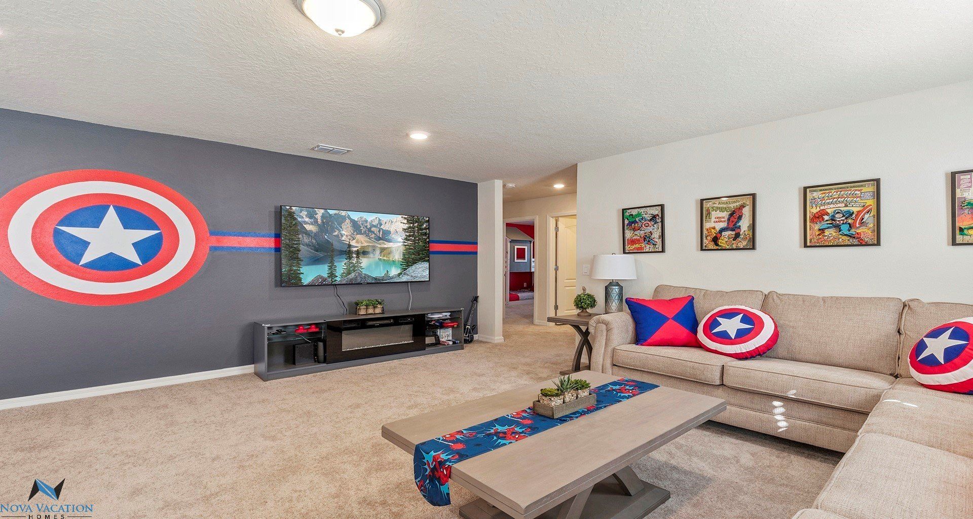 Avengers themed loft room offers a large flat screen TV.